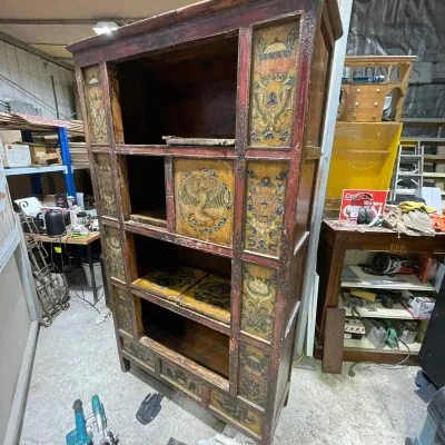Stained glass panels racked in the workshop